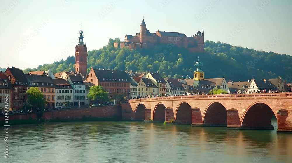 Obraz premium Picturesque Heidelberg, Germany a scenic river view of the Altstadt, the Alte Brücke, and Heidelberg Castle perched atop a hill.