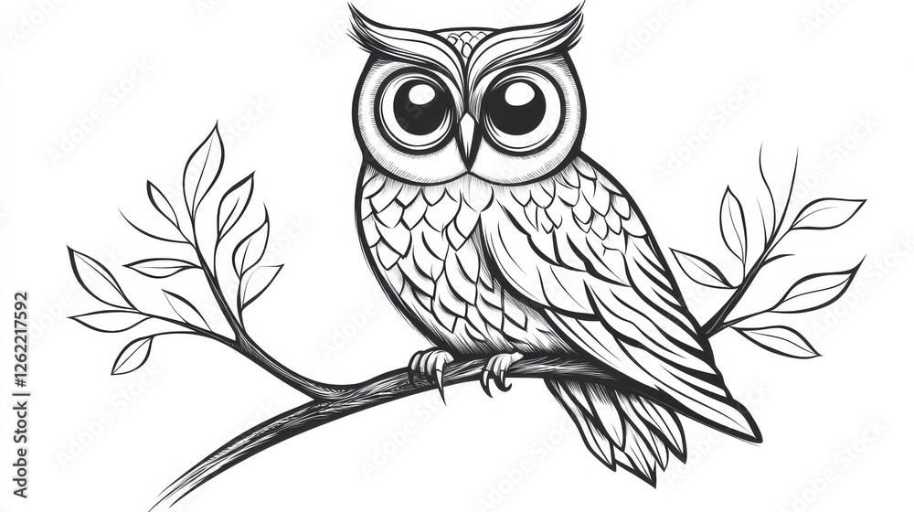 Obraz premium Detailed Black and White Illustration of an Owl Sitting on a Branch