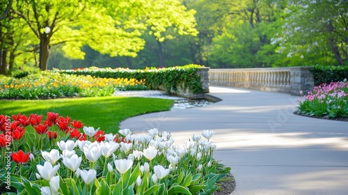 Spring Tulips Bloom Near Garden Pathway Bridge