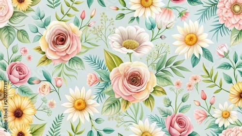 A Delicate Watercolor Floral Pattern Featuring Roses, Daisies, and Sunflowers on a Soft Blue Background, Ideal for Fabric Prints, Wallpapers, and Decorative Designs
