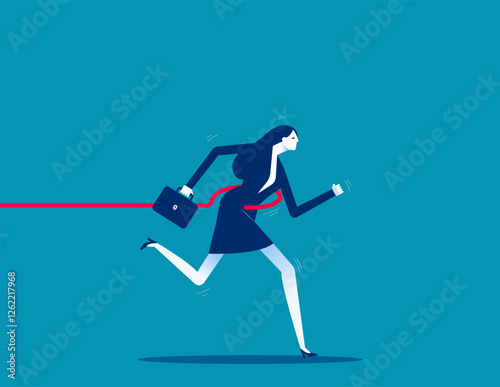 A businesswoman forced back by a hook. Business with holding you back flat vector style
