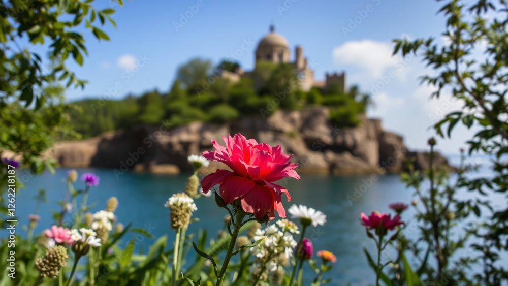 Vibrant Pink Flower in Foreground with Coastal Church and Calm Sea in Background Vibrant Pink Flower in Foreground with Coastal Church and Calm Sea in Background