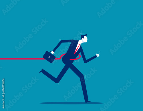 A businessman forced back by a hook. Business with holding you back flat vector style