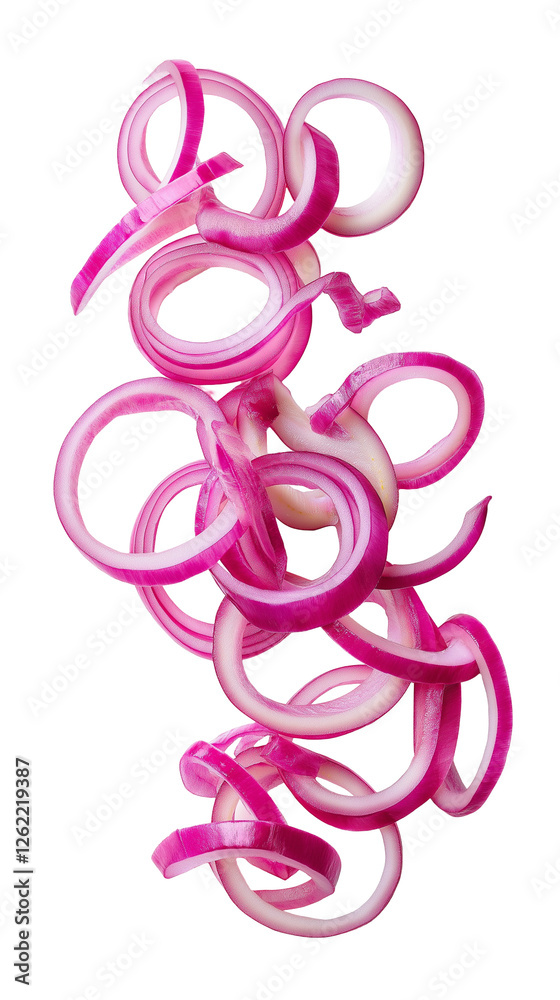 Fototapeta premium flying Sliced red onion isolated on transparent white background, clipping path