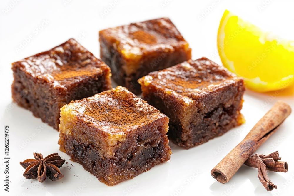 Delicious Baklava Dessert Squares with Cinnamon and Orange Slice on White Background Delicious Baklava Dessert Squares with Cinnamon and Orange Slice on White Background
