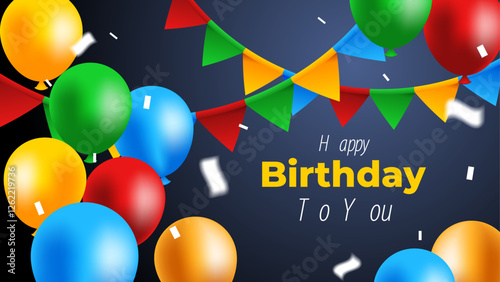 birthday greeting card background with colorful 3d ornaments