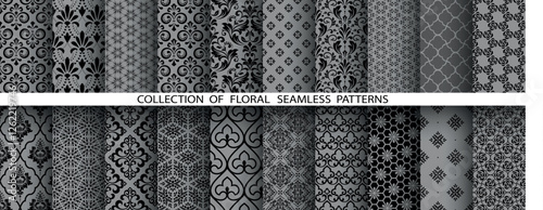 Geometric floral set of seamless patterns. Gray and black vector backgrounds. Damask graphic ornaments