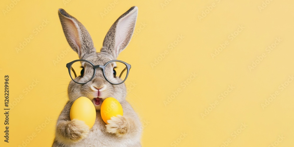 Fototapeta premium happy easter, funny animal, holiday celebration greeting card - Rabbit easter bunny with glasses and easter egg, isolated on yellow background