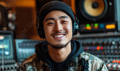 Young handsome Asian rapper smile at sound engineer studio, Generative AI