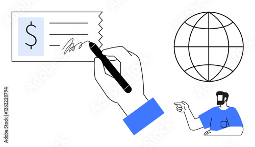 Hand signing check, globe, and person pointing suggesting finance, global business, agreements. Ideal for finance, banking, commerce, international trade negotiation global strategy contracts