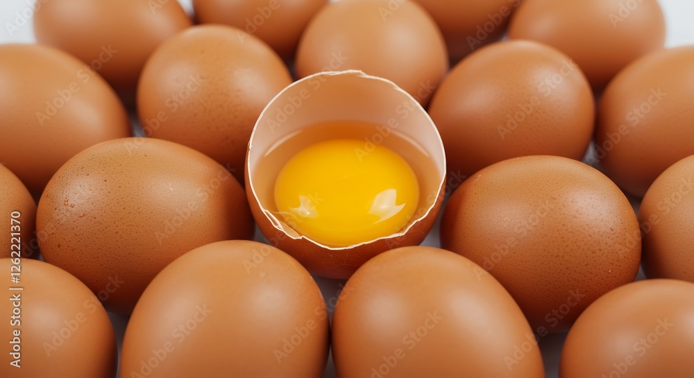 Fresh Brown Eggs with One Cracked Open Showing Yolk Closeup Fresh Brown Eggs with One Cracked Open Showing Yolk Closeup
