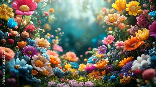 Vibrant and Colorful Flower Field Bursting with Life and Natural Beauty Showcasing a Kaleidoscope of Blossoms Under Bright Blue Sky Inviting a Sense of Joy and Serenity in Nature