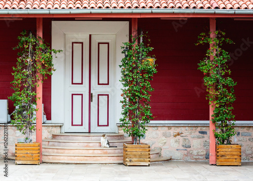 Canvas Print Traditional red wooden house with white doors and a cat sitting on steps in Ista