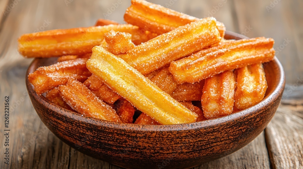 Golden Churros Delight in Rustic Bowl on Wooden Table Sweet Treat Ready to Eat Delicious Golden Churros Delight in Rustic Bowl on Wooden Table Sweet Treat Ready to Eat Delicious