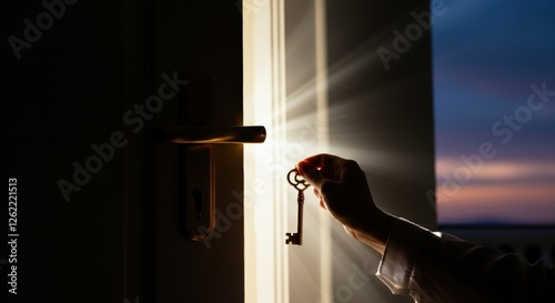 Hand holding key unlocking door with sunlight breaking through