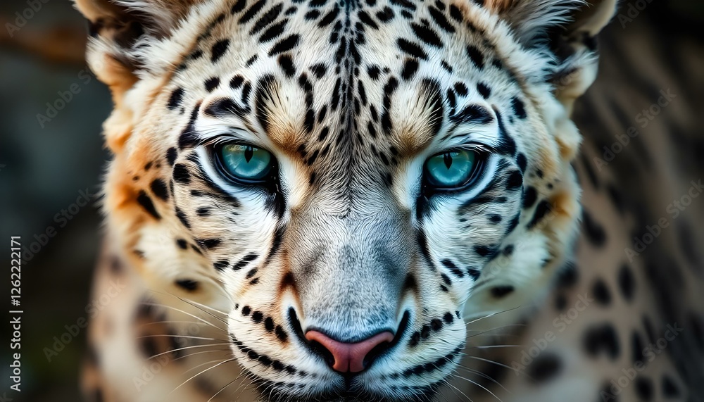 Obraz premium Female snow leopard with clear blue eyes and thick white fur dotted with black rosettes
