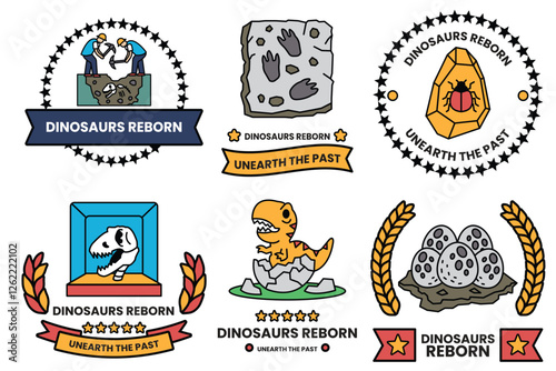 Set of illustrations in the Dinosaurs concept in line art style