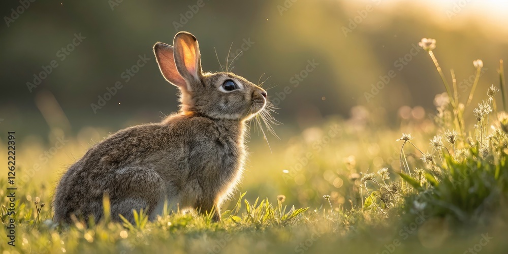 Fototapeta premium Cute Rabbit Sitting in Sunlight - Adorable Macro Photography of a Rabbit in Nature, Sunlit Fur, Warm Glow, Soft Background, Wildlife, Springtime, Outdoor Scene, Animal Portrait