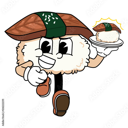 Retro sushi mascot logo, eel sushi, unagi sushi delivery