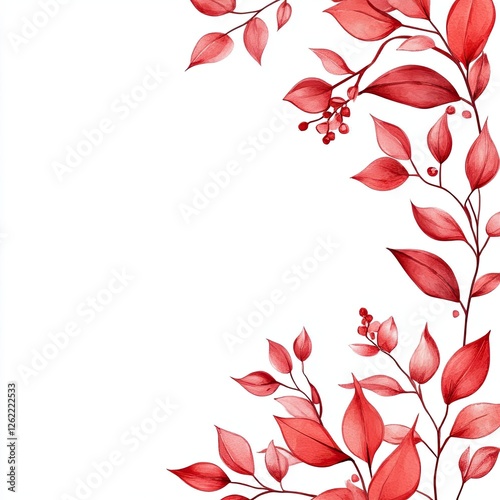 Elegant Red Floral Frame with Watercolor Leaves Perfect for Wedding Invitations Greeting Cards and Branding photo