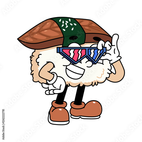 Retro sushi mascot logo, eel sushi, unagi sushi wearing glasses