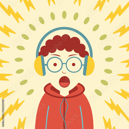 SVG-Datei einer Cartoon-Illustration: Überraschter junger Mann mit Kopfhörern, Brille und Blitzen, 
SVG File of Cartoon Illustration: Surprised Young Man with Headpho