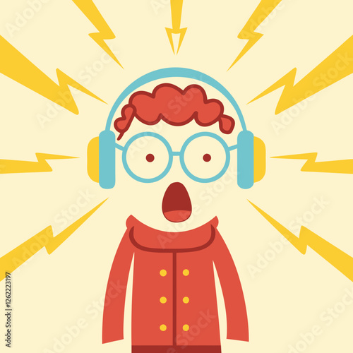 SVG-Datei einer Cartoon-Illustration: Überraschter junger Mann mit Kopfhörern, Brille und Blitzen, 
SVG File of Cartoon Illustration: Surprised Young Man with Headpho