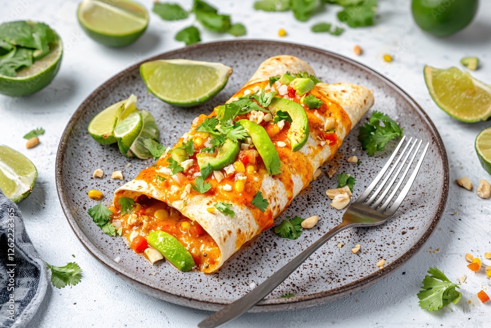 Delicious Burrito with Avocado and Lime on a Plate Ready to Eat in a Bright and Tasty Meal Delicious Burrito with Avocado and Lime on a Plate Ready to Eat in a Bright and Tasty Meal