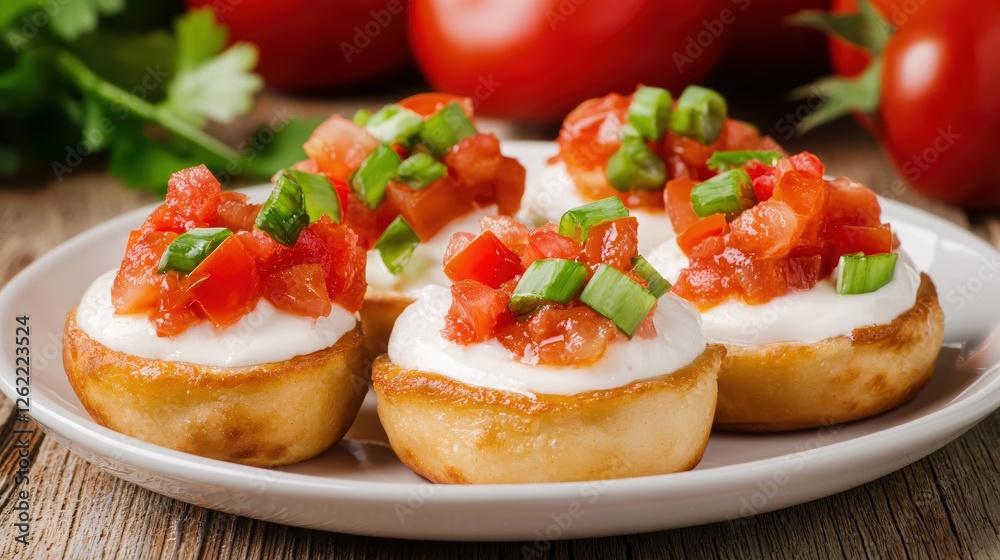 Appetizing Mini Potato Bites Topped with Fresh Tomato Salsa and Creamy Cheese on Rustic Table Appetizing Mini Potato Bites Topped with Fresh Tomato Salsa and Creamy Cheese on Rustic Table