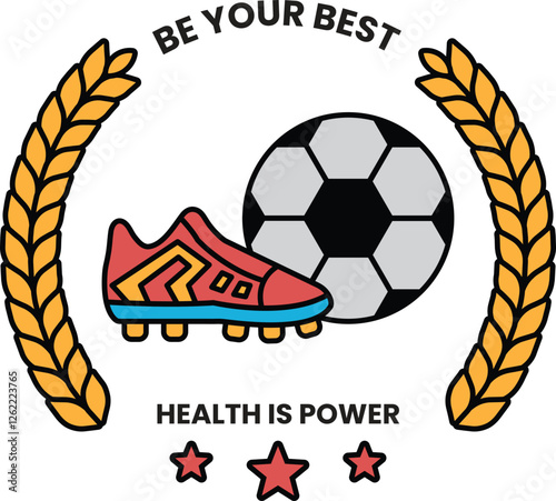 soccer ball and a pair of red cleats are shown in a circle with the words in the style of sign illustrations