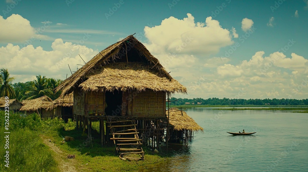 Rural thatched hut on stilts by a river, people visible inside and a small boat on the water Rural thatched hut on stilts by a river, people visible inside and a small boat on the water