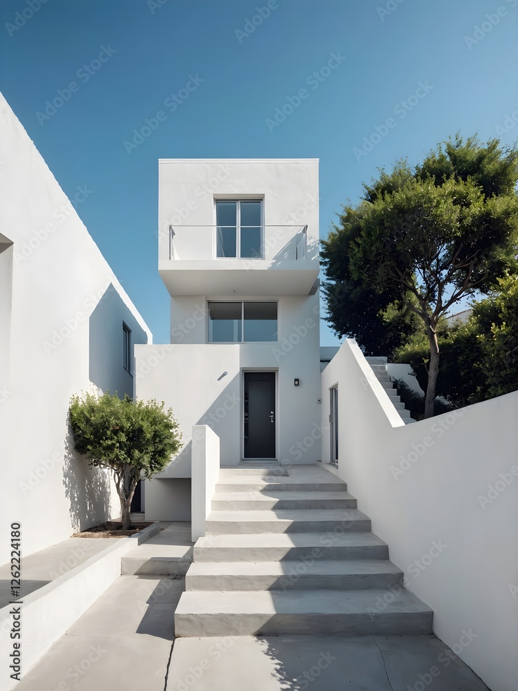 A white house with stairs leading up to the front door.