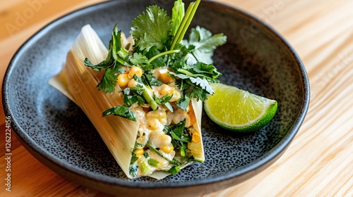 Delicious elote tamale on dark speckled plate with lime and cilantro garnish close up