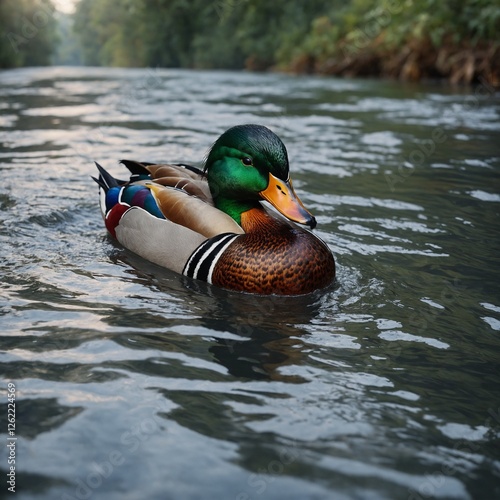 A 3D-rendered hyper-realistic colorful duck floating on a milky white river.