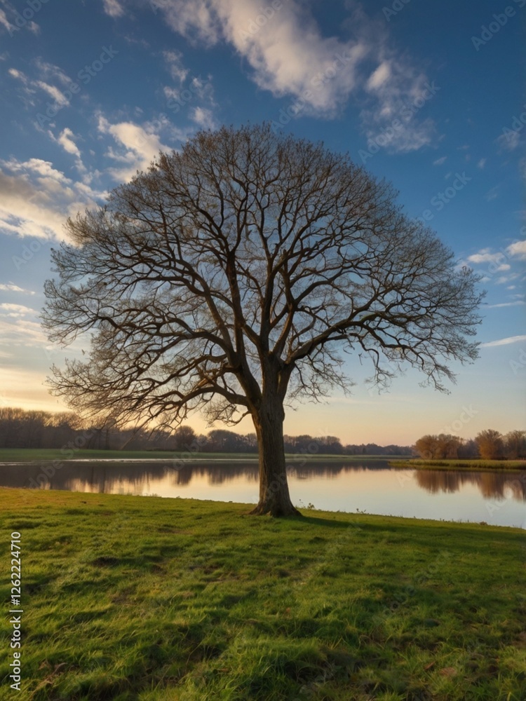 a large tree in the middle of a flowing lawn a large tree in the middle of a flowing lawn