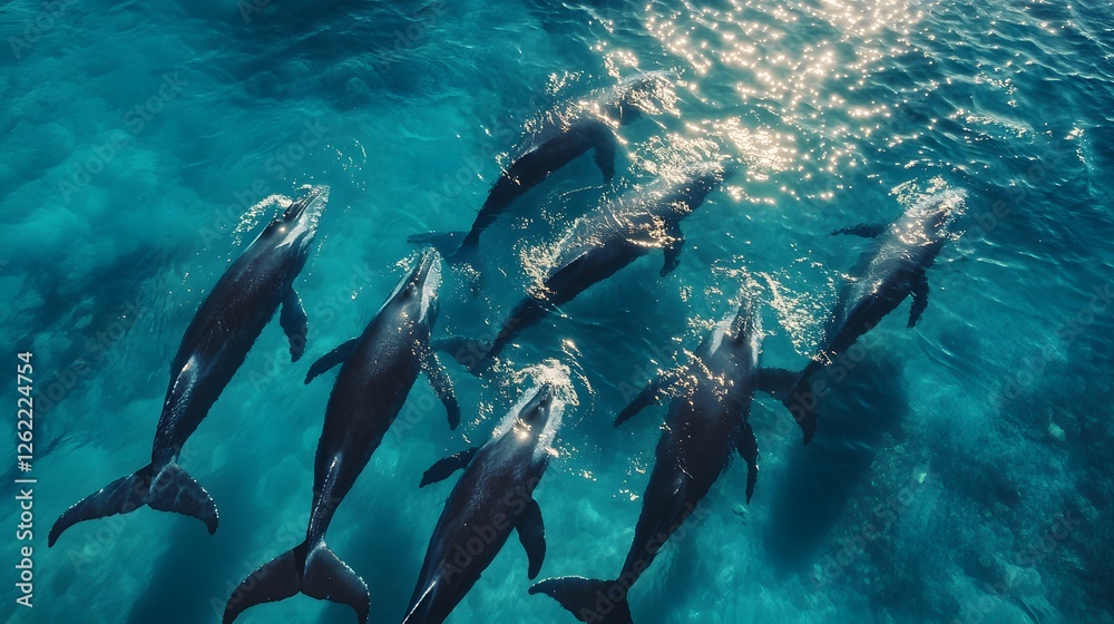 Obraz premium A pod of humpback whales gracefully swimming through the ocean's azure depths