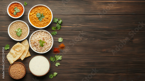 Wallpaper Mural Delicious Indian thali featuring vibrant dishes, rice, and bread on wooden table. colorful presentation showcases variety of flavors and textures, perfect for feast Torontodigital.ca
