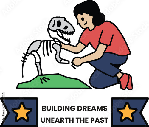 A woman is kneeling down next to a dinosaur skeleton in the style of sign illustrations
