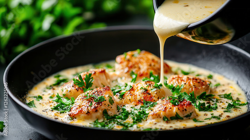 Satisfying close up of creamy sauce being poured over delicious fish fillets garnished with fresh herbs. rich texture and vibrant colors create appetizing scene photo