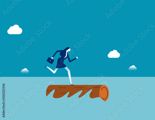 Businesswoman struggling to stay on a log on water. Business vector flat style