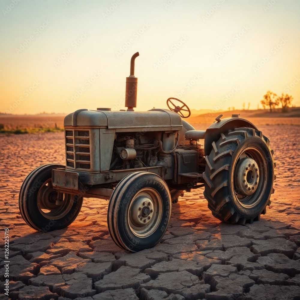 Rustic tractor stands alone on cracked earth at sunset, symbolizing resilience in changing climates and the passage of time