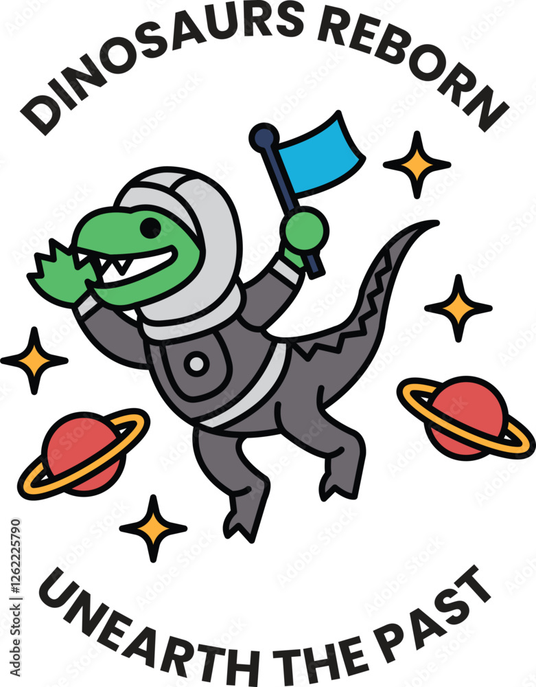 Obraz premium A cartoon dinosaur is wearing a space suit and holding a flag in the style of sign illustrations
