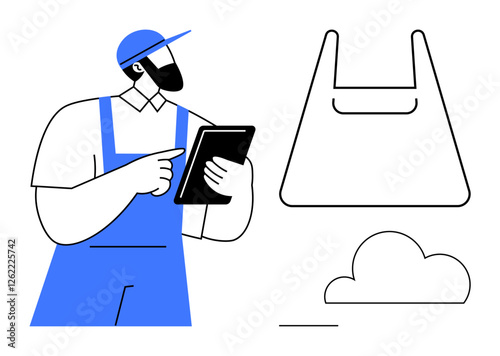 Delivery worker in blue overall and cap holding a tablet. Includes a shopping bag and cloud icon. Ideal for delivery services, digital transactions, logistics, e-commerce, cloud storage, mobile apps