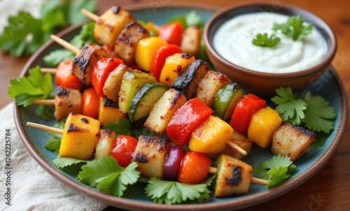 Colorful vegetable skewers on a plate