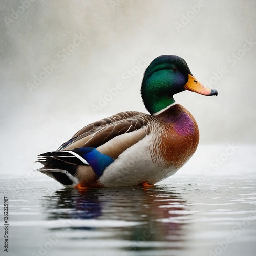 A painterly impressionist-style duck with a fusion of colors against a soft white background.