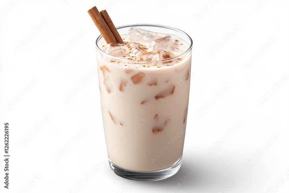 Refreshing horchata beverage with cinnamon sticks and ice cubes on a clean white background Refreshing horchata beverage with cinnamon sticks and ice cubes on a clean white background