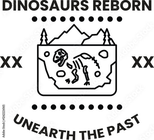 A dinosaur is shown in a hole in the ground in the style of sign illustrations