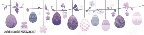 Engaging Easter illustration in purple and gray with egg ornaments