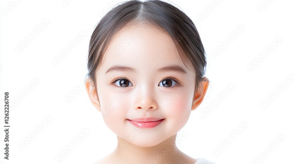 Adorable young girl with pink lips in white shirt, timeless portrait of childhood Adorable young girl with pink lips in white shirt, timeless portrait of childhood