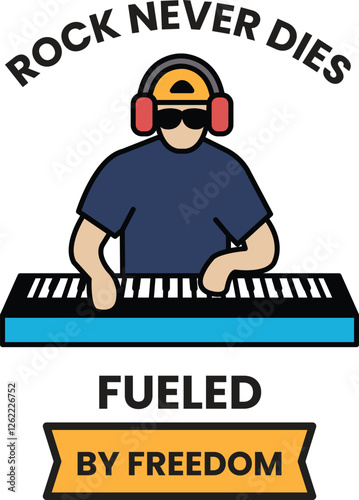 A man playing a keyboard with the words in the style of sign illustrations